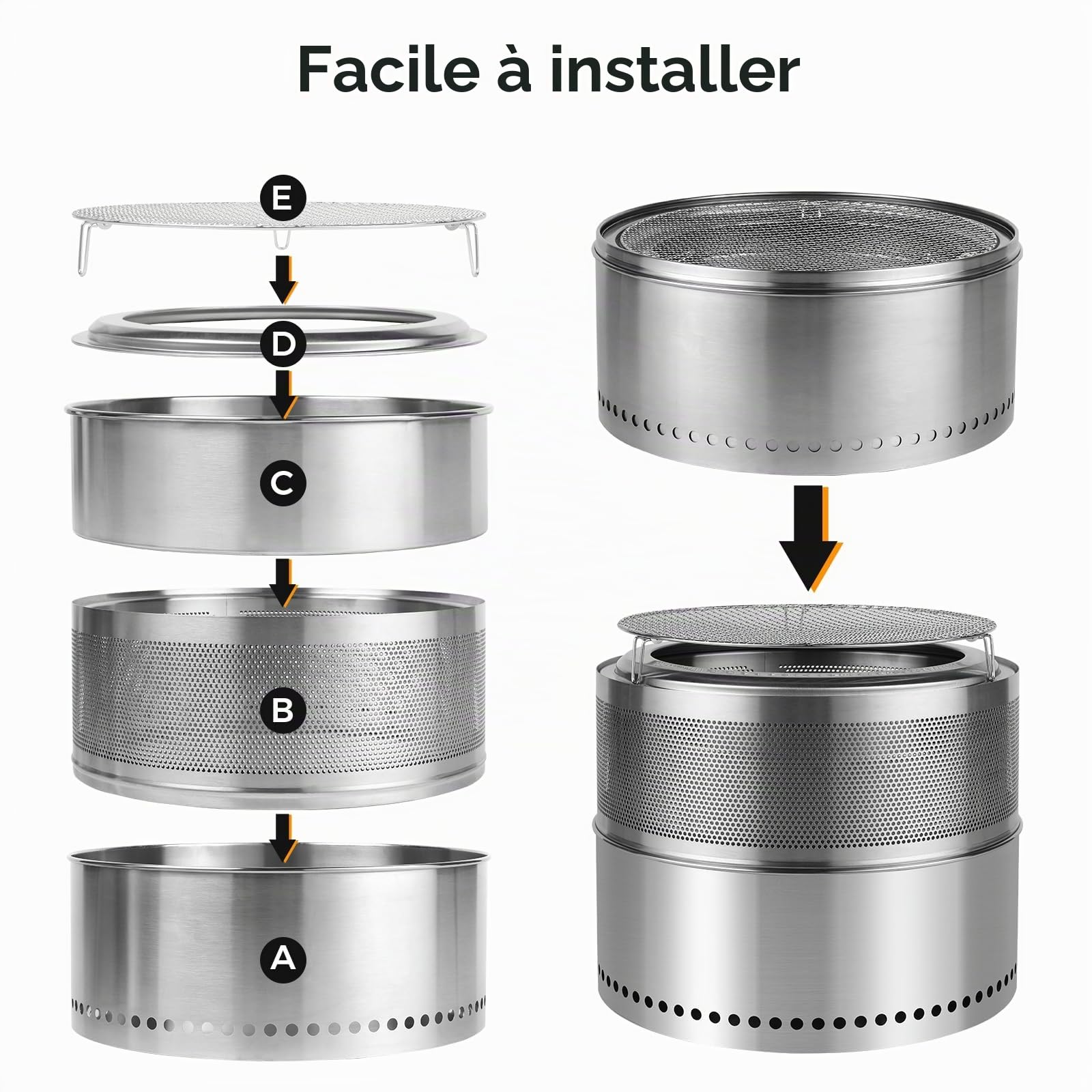 SMOOL Brasero portable sans fumée de 50 cm en acier inoxydable avec grille de barbecue, tisonnier et sac polyvalent, bac à cendres amovible, foyer idéal pour terrasse, jardin, camping et extérieur