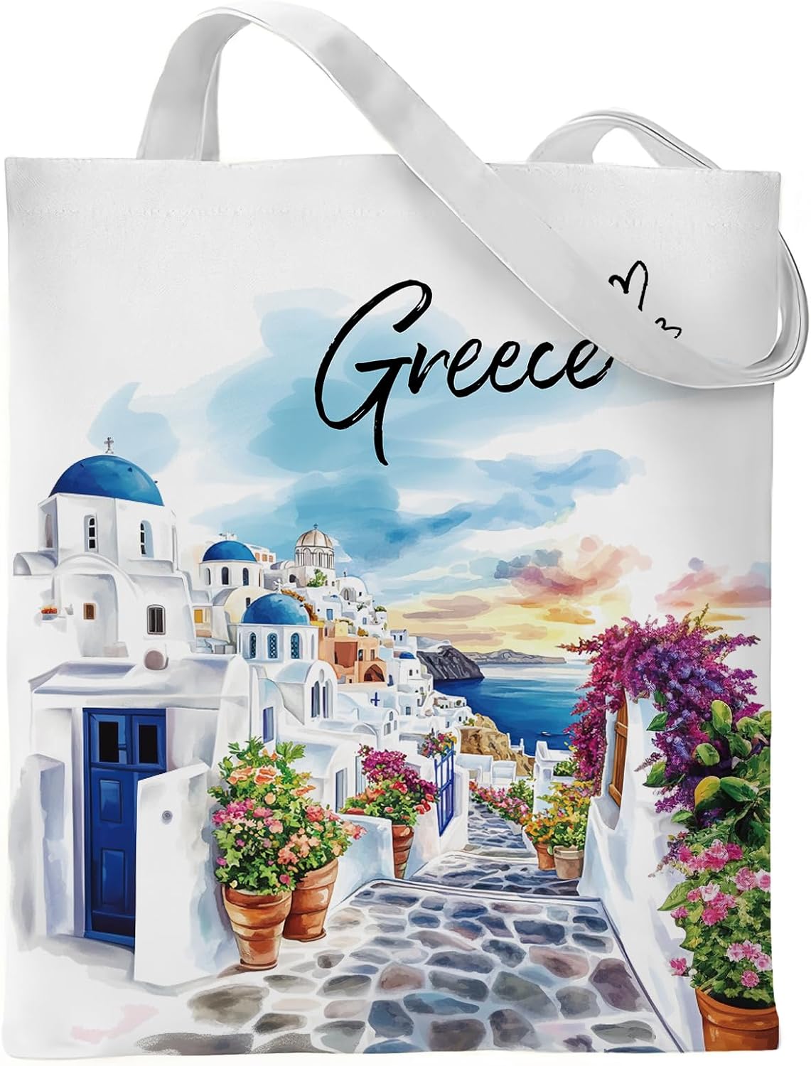 Greece Souvenirs Tote Bag - Greek Gifts Watercolor City Travel Totes with Pocket Reusable Cotton Grocery Bags Shopping Handbag Thank Christmas Birthday Gift for Women Mom Grandma Sister