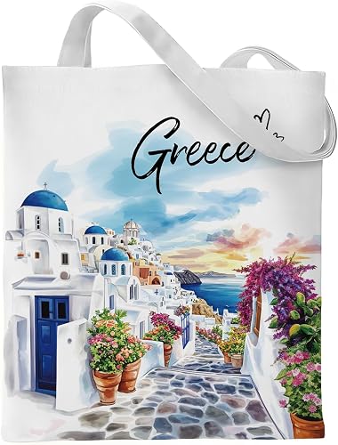 Greece Souvenirs Tote Bag - Greek Gifts Watercolor City Travel Totes with Pocket Reusable Cotton Grocery Bags Shopping Handbag Thank Christmas Birthday Gift for Women Mom Grandma Sister
