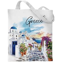 Greece Souvenirs Tote Bag - Greek Gifts Watercolor City Travel Totes with Pocket Reusable Cotton Grocery Bags Shopping Handbag Thank Christmas Birthday Gift for Women Mom Grandma Sister