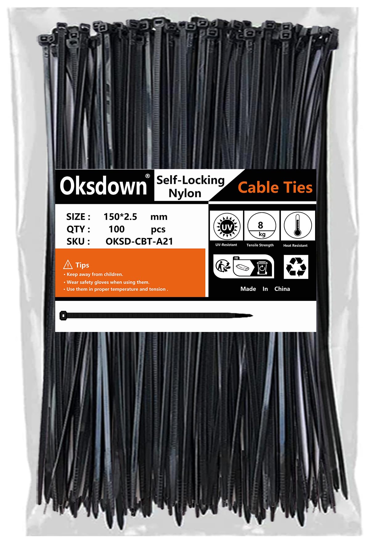Colliers de Serrage en Nylon Oksdown - Lot de 100 Attaches Câbles Noires 150 mm