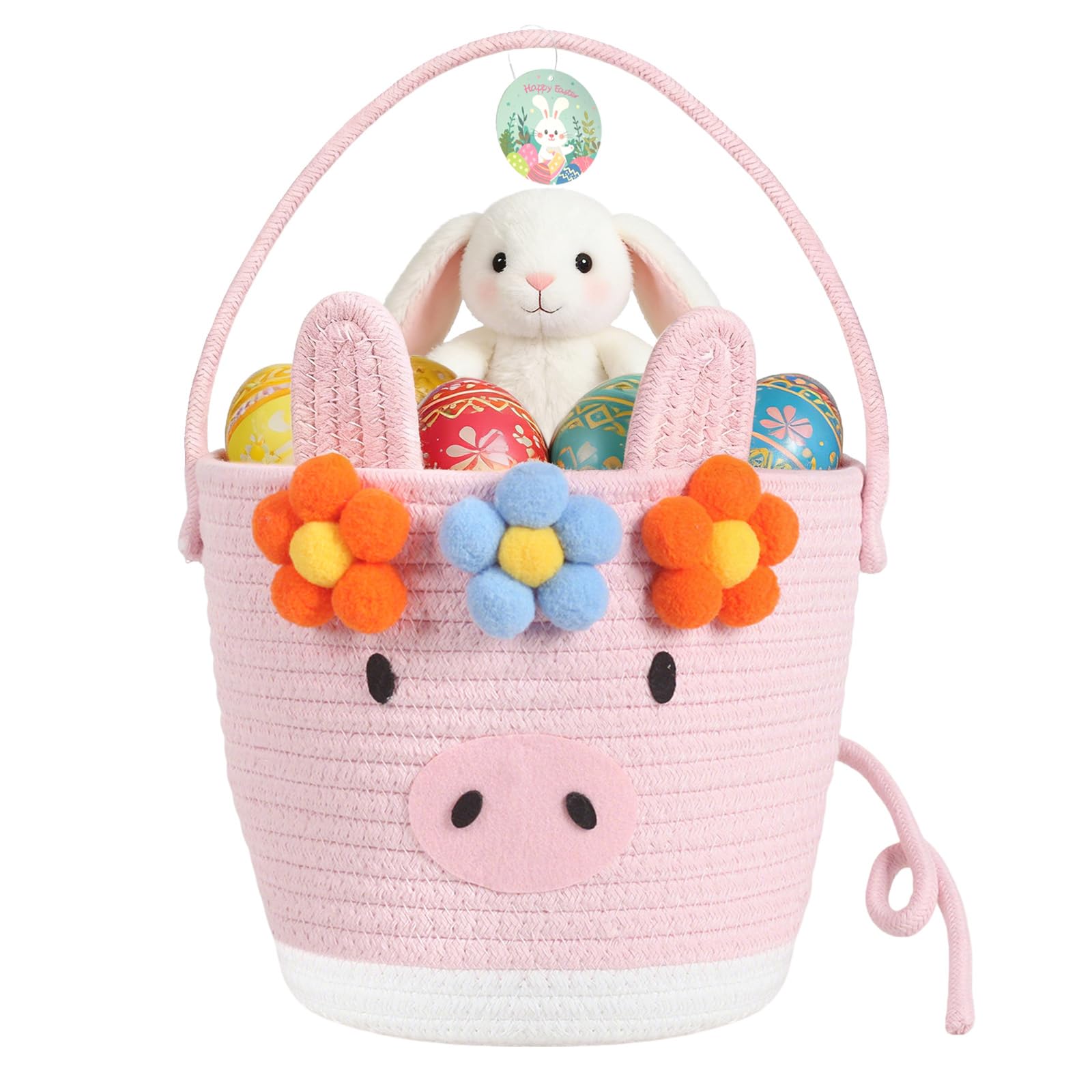 PinkSheep gewebter Korb für Kinder, Ostereier/Süßigkeiten Korb mit Griff, Niedliche Tier Lagerkörbe für Jungen Mädchen (Schwein)