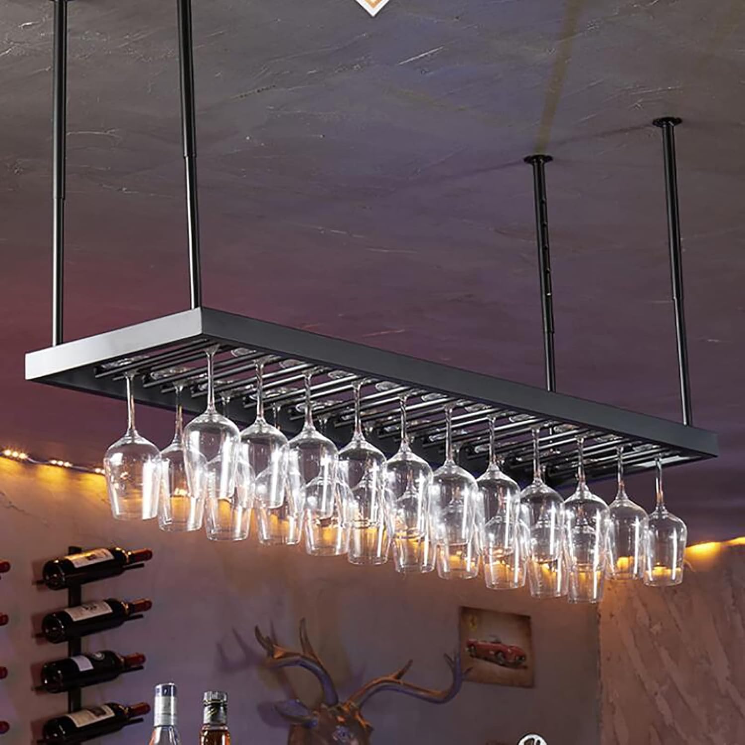 Hanging Wine Glass Holder Metal Wine Rack,Height Adjustable,Black Iron Wine Glass Holder,Ceiling Mounted Wine Glass Hanging Rack,for Bars Restaurants Kitchens