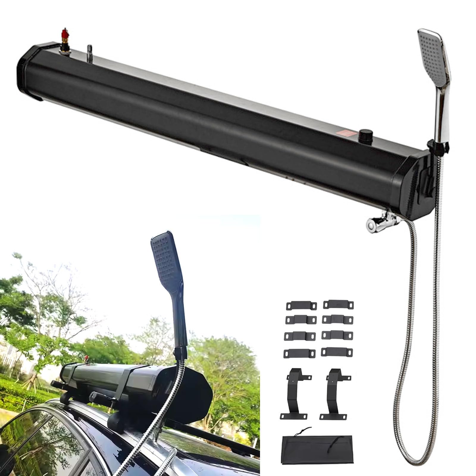 Richigblosmum Dark Pressurized Roof Rack Water Tank With Shower & 5.58Ft Hose, Lightweight Design, Multi-Functional Overland Shower For Suvs, Trucks, Off-Road & Camping,7.9Gal/30L