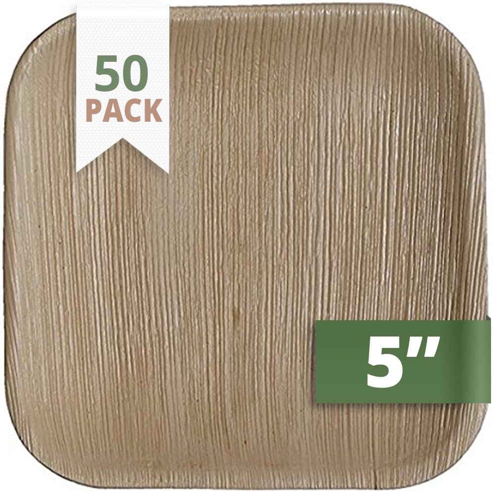 CaterEco Square Palm Leaf Plates Set (50 Pack) | Appetizer or Dessert Plates | Ecofriendly Disposable Dinnerware | Heavy Duty Biodegradable Party Utensils for Wedding, Camping & More