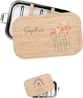 Personalisierte Brotdose für Kinder mit Spezial-Druck - Robuste Edelstahl Brotdose - Personalisierte Geschenke für Kinder & Erwachsene (Blumen Punkte,klein Weißblech)