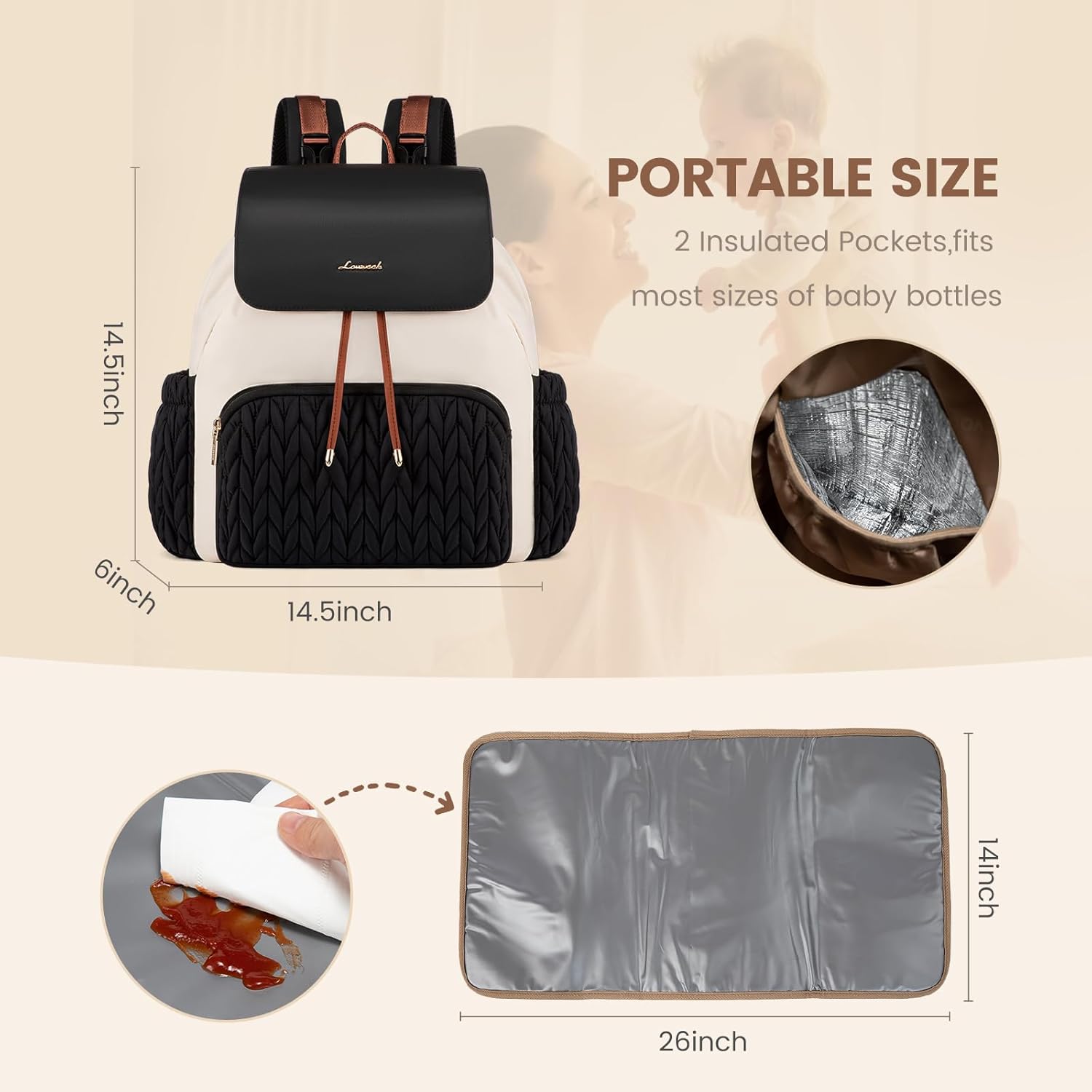 LOVEVOOK Diaper Bag Backpack, Small Baby Bag, Cute Baby Diaper Bag, Stylish Water-Resistant Travel Baby Bag for Mom, Baby Backpack with Changing Pad, Stroller Straps -Black Beige