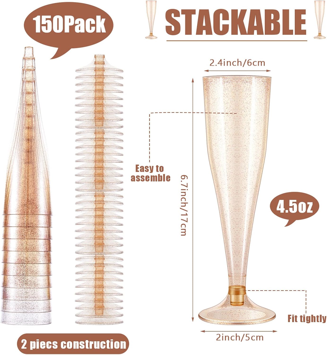 150 Pcs Rose Gold Champagne Flutes 4.5 oz Glitter Plastic Champagne Glasses Disposable Champagne Cups for Party Wedding Bridal Shower Bachelorette Party Mimosa Bar Supplies