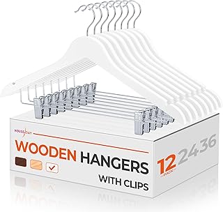 HOUSE DAY Wooden Hangers with Clips 12 Pack, Heavy Duty White Wood Pants Hanger, Premium Skirt Hanger with Adjustable Clips, Solid Clip Hangers for Suit, Blouse, Dress, Coat, Jacket, Bottom