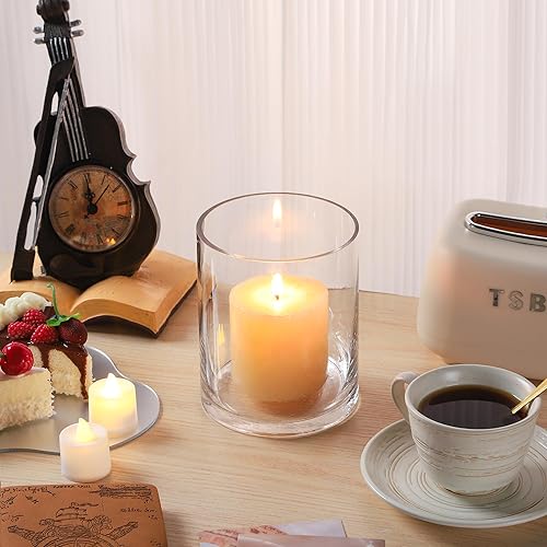 Miniatura 4 de Generic Florero cilíndrico transparente soplado a mano de 5 pulgadas de ancho y 6 pulgadas de alto, jarrón de centro de mesa para rosas, tulipanes,