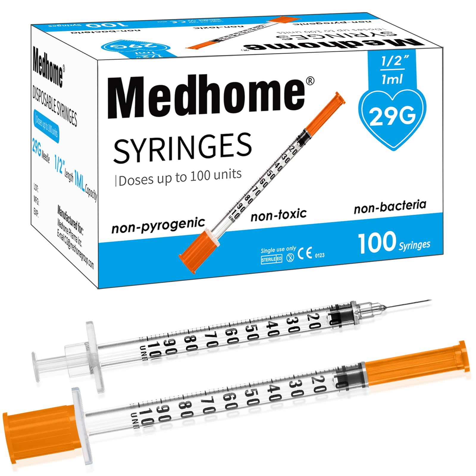 1ml 29G 1/2 Inch Syringe, Lab Syringes Individually Wrapped, Pack of 100
