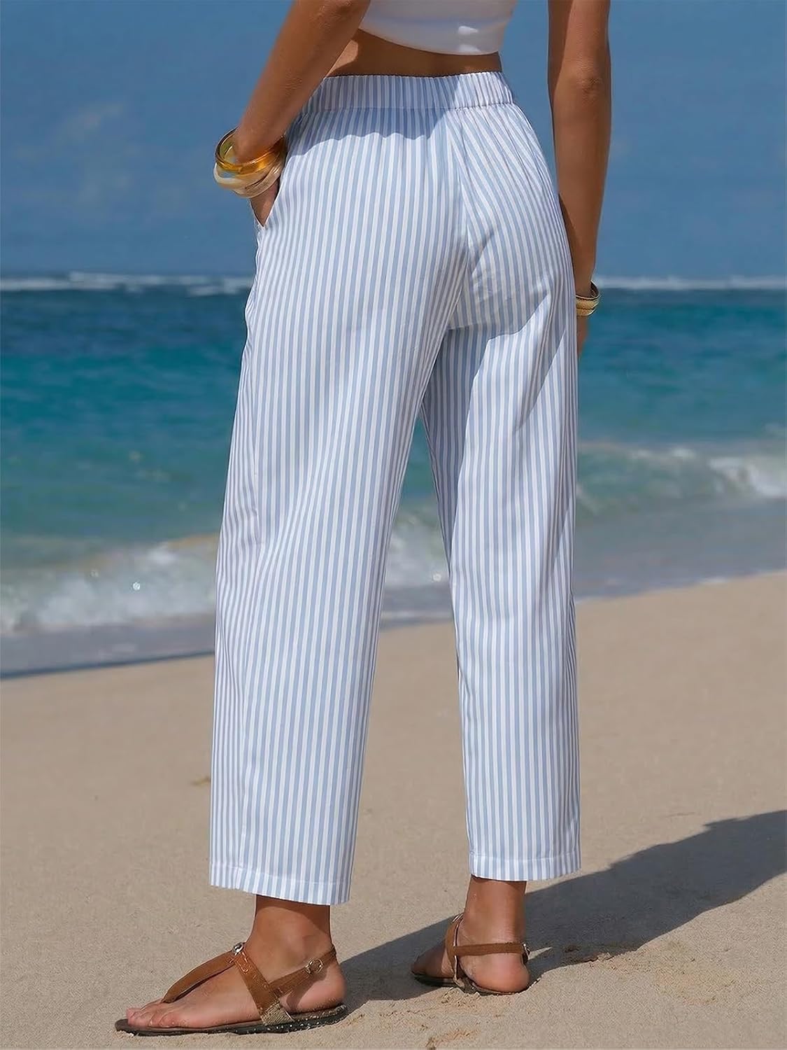 EXLURA Womens Faux Linen Striped Barrel Pants Comfy Drawstring Capri Pant with Pockets Summer Beach Vacation Lounge Trousers