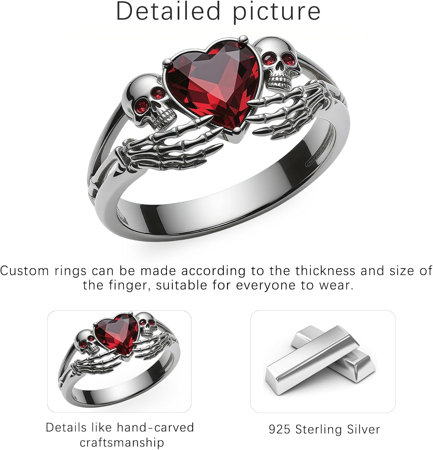 2-5CT Heart Birthstone Halloween Skull/Bat Rings for Men Women, 925 Sterling Silver Gothic Skeleton Ring, Gothic Wedding Band Punk Rock Jewelry