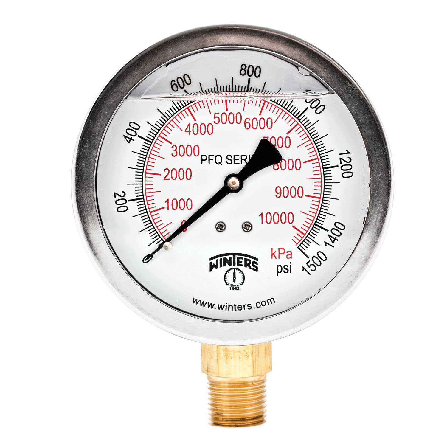 Winters 4" Dial Size, Liquid Filled Industrial Pressure Gauge, Brass Internals, Stainless Steel Case, Dual Scale 0-1,500 psi/kPa, 1.5% Acc, 1/2" NPT Bottom Mount, Glycerin Filled Pressure Gauge