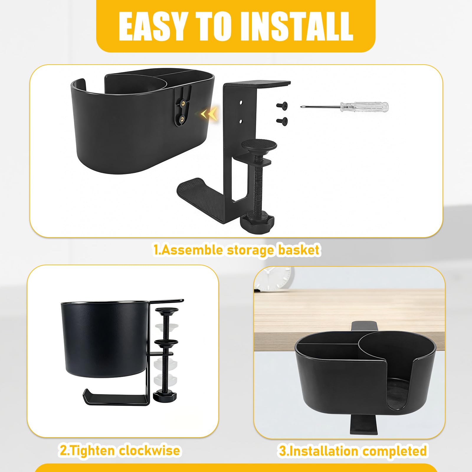 Porta Tazza da Scrivania con Gancio Cuffie, Tavolo Supporto di Tazza di Caffè, 4 en 1 Supporto per Tazza da Scrivania Clip, Universali, Adatto per Tazze da Caffè, Mug, Cuffie, Cellulari, Penne