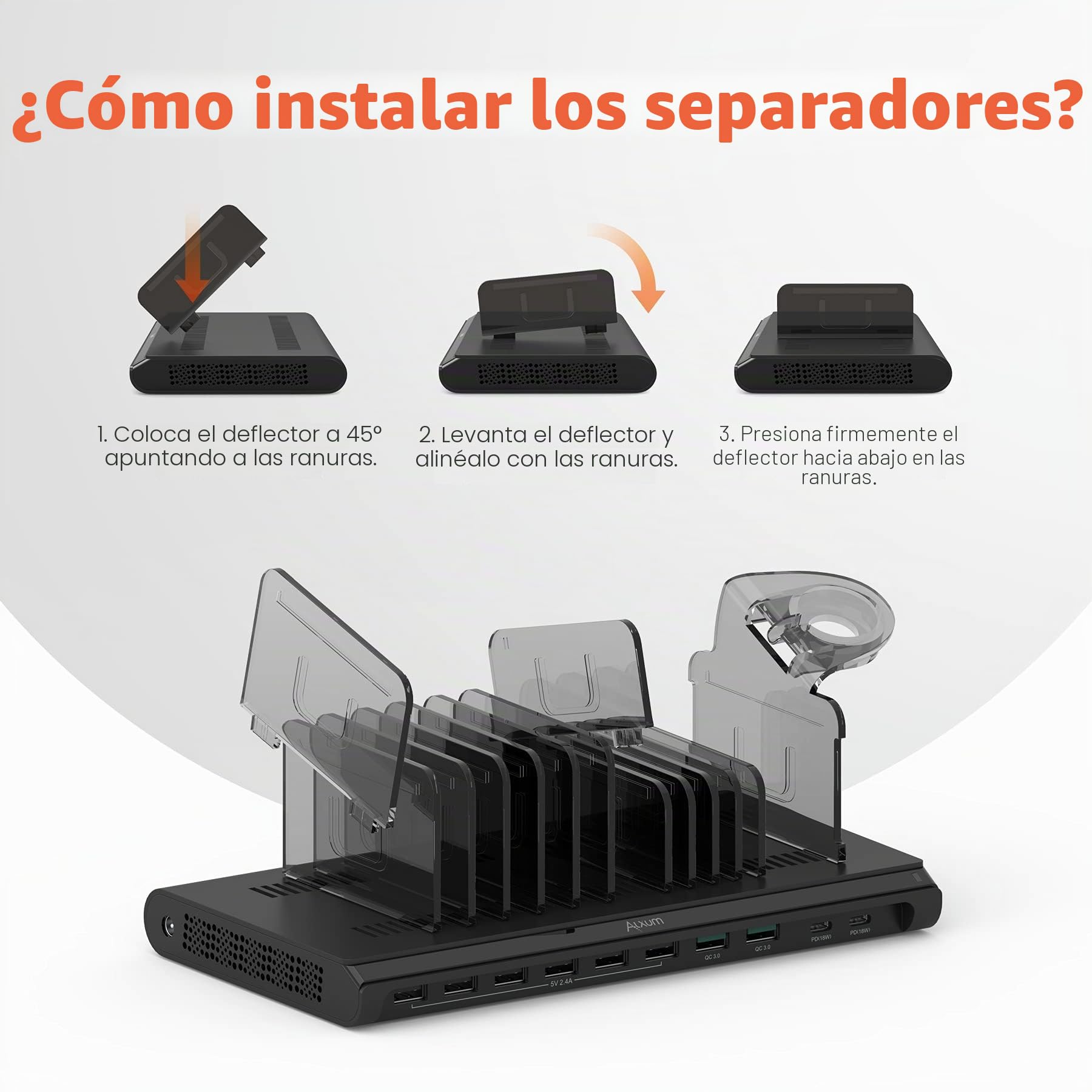 Alxum Estación de Carga 96W y 10 Puertos,2 PD y 2 QC 3.0 para tabletas | Incluye un soporte para auriculares que permite cargar simultáneamente varios dispositivos, como el móvil y los auriculares
