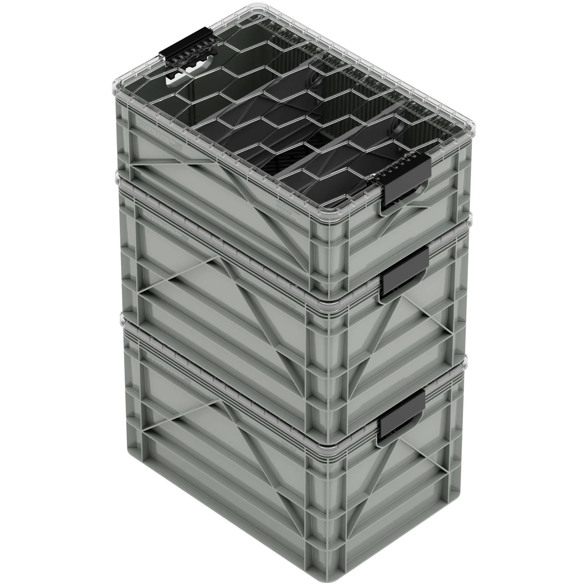 SIDIO CRATE Pro Pack - Two Full Size and One Half Size Heavy Duty Stackable Storage Bins, Totes and Containers with Lids and Dividers - Durable Organizer for Home, Office, Garage, and Outdoor Use