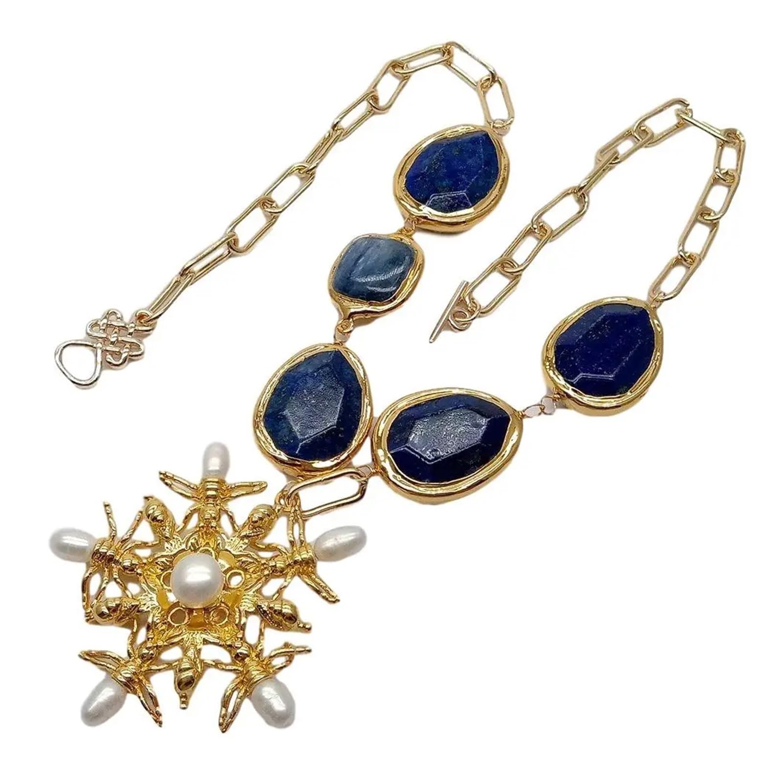 White Pearl animal charm Pendant 21" for women Blue Lapis Kyanite Gold color Plated Edge Chain Necklace