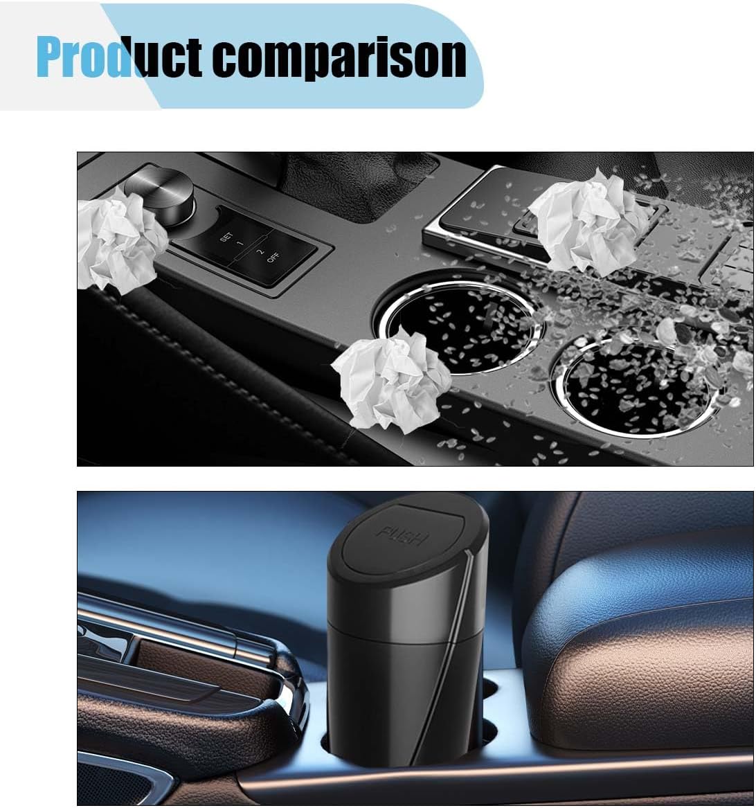 Car Trash Can Bin with Lid, Portable Leakproof Automotive Garbage Can Bin, Car Cup Holder Trash Can with 1 Roll Trash Bags, Mini Car Storage Interior Accessories for Car, Vehicle, Office, Home (2PCS)
