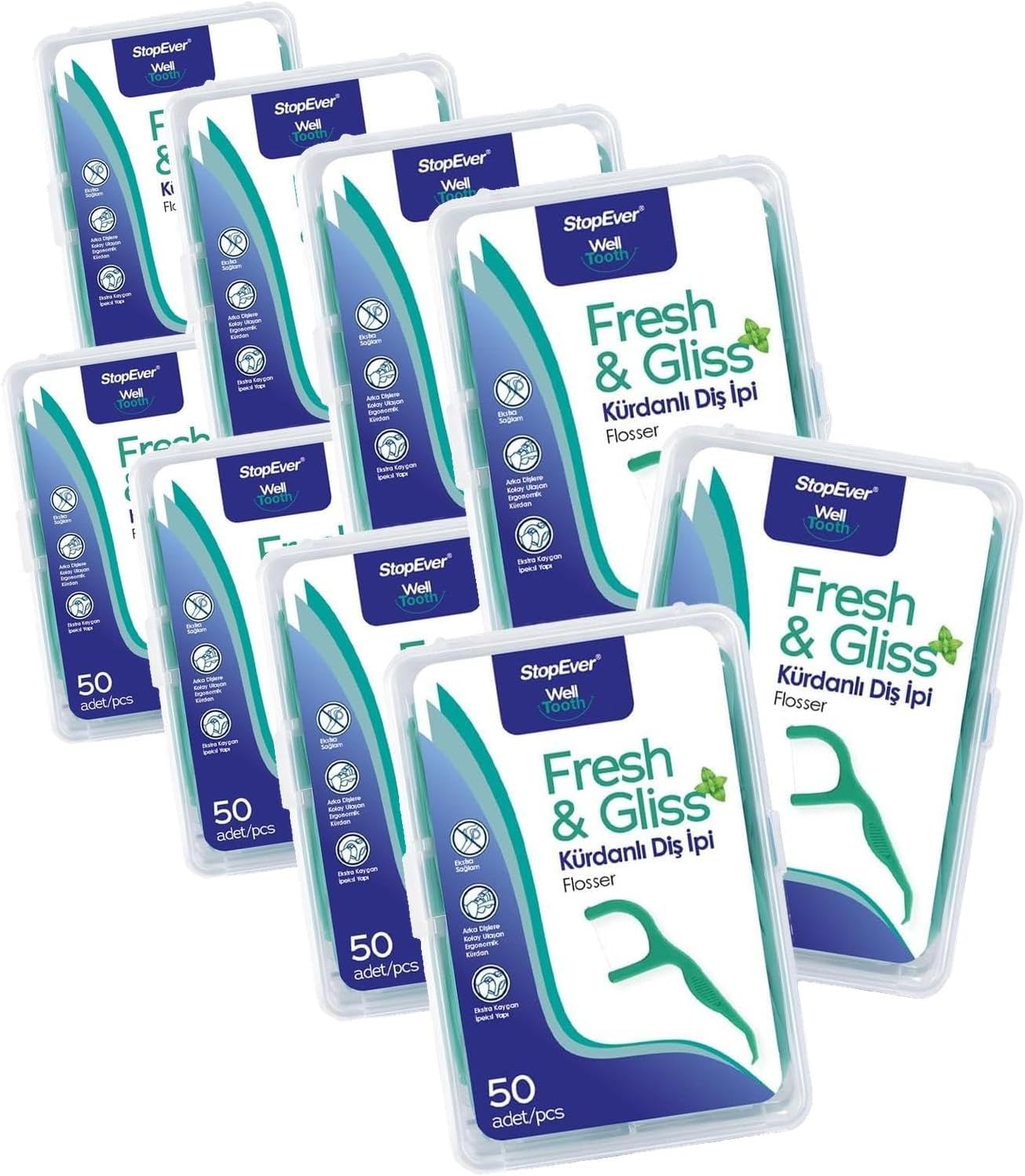 StopEver Fresh & Gliss Kürdanlı Diş İpi 3'lü Paket (150 Adet) | Nane Aromalı | Diş Arası Temizliği, Ağız Hijyeni ve Günlük Kullanım için İdeal | Plastik Kutulu ve Taşıma Kılıflı Hediyeli (4 paketi)