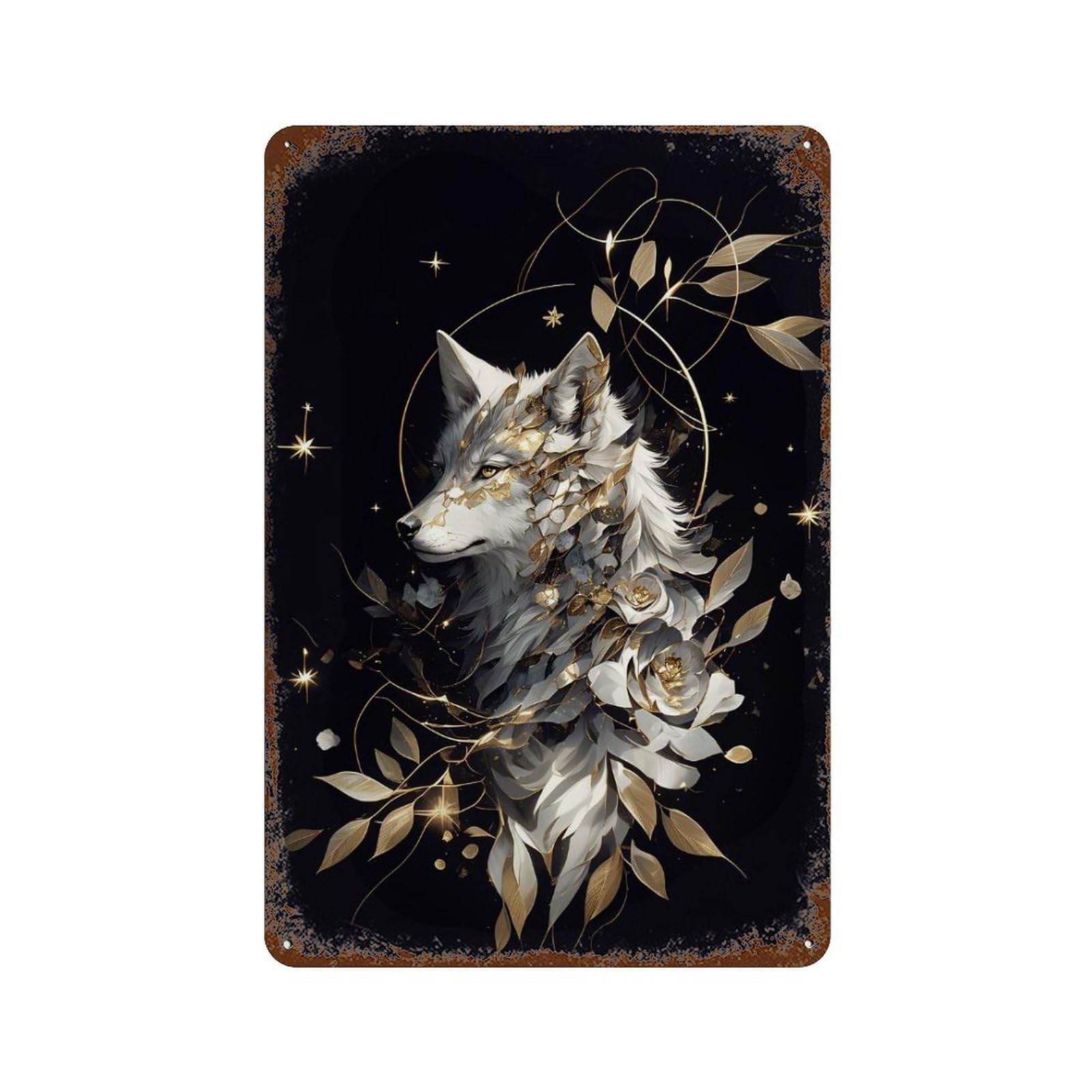 Rust Effect Kintsugi Art White Wolf Rusty Metal Tin Sign 11.8"x7.9", Industrial Home Decor for Living Room, Hallway And Home Decor