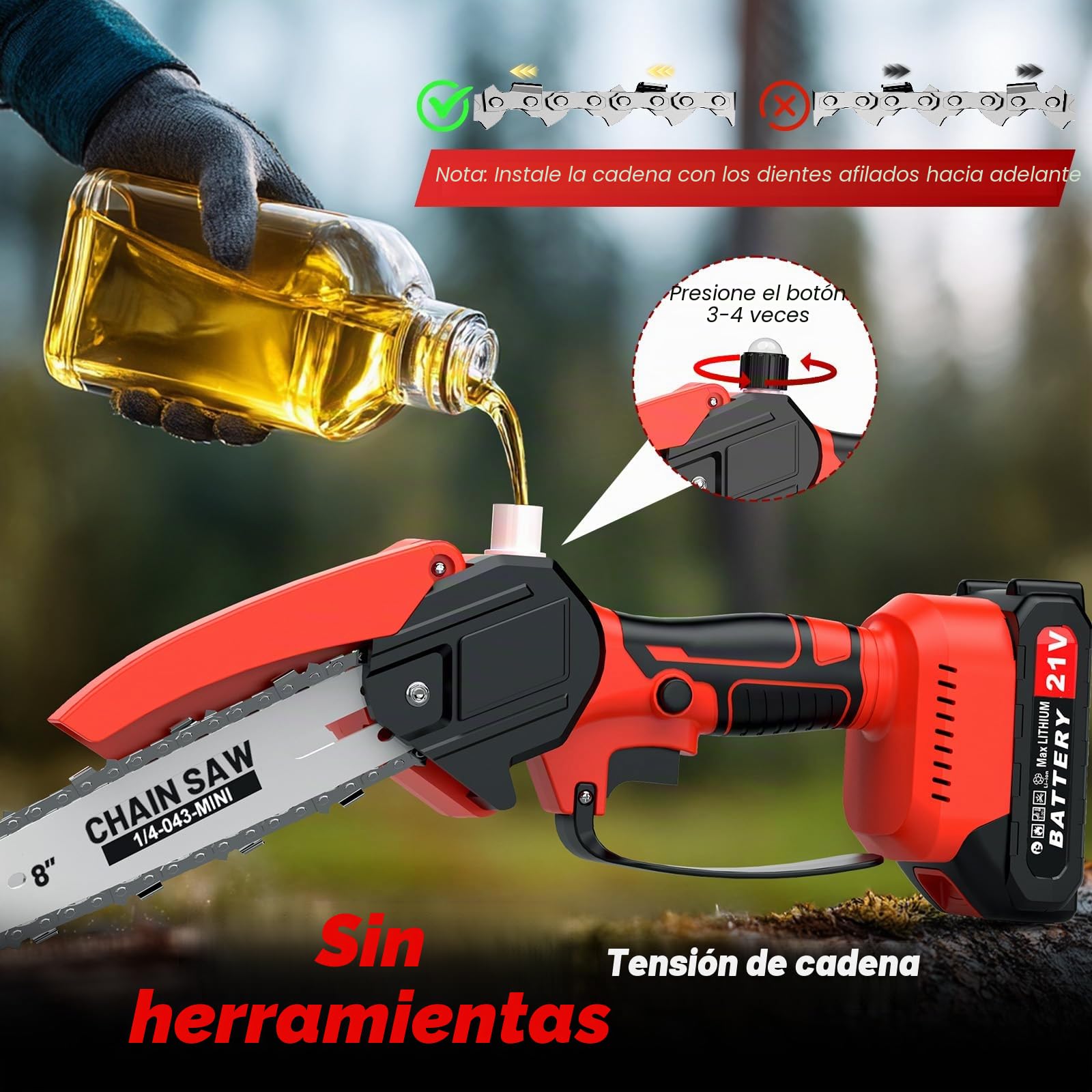 2 en 1 Mini Motosierra y Podadora de Pértiga, Motosierra Batería Sin Cable 180CM con 2 Baterías de 1500mAh, Sierra de Poda Telescópica Eléctrica, Guantes para Podar Arboles Patio (Rojo)