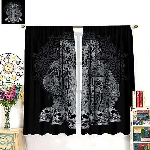Vista 325 de Cortinas de cabeza de cabra, misteriosa cabeza de cabra malvada, calavera negra, bolsillo para barra, cortinas opacas para ventana, juego de 2