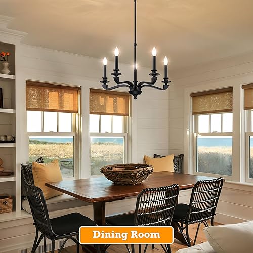 Miniatura 7 de Candelabro negro para comedor, 28.5 pulgadas de diámetro, moderna lámpara de araña sobre mesa, lámpara de araña de granja de 6 luces para cocina,