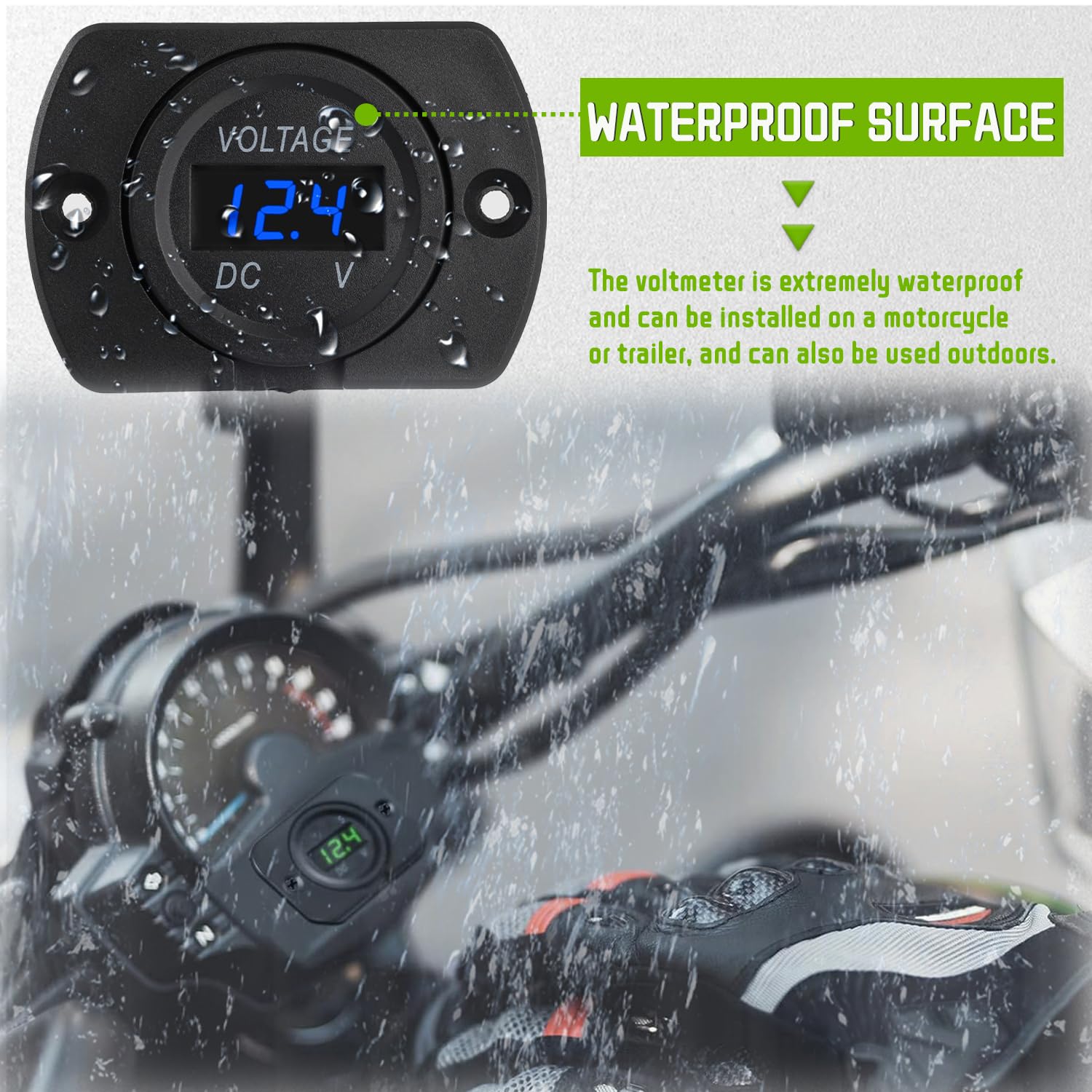 2 Pack DC 12V 24V Waterproof Car Voltmeter with Blue LED Digital Display Panel and Mounting Plate Round Voltage Gauge Meter with Terminal for Boat Marine Motorcycle Truck(Blue Light)