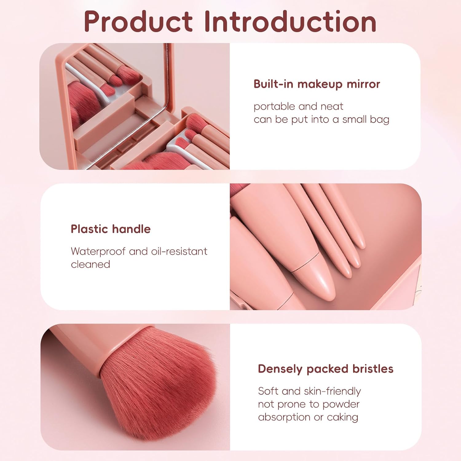 5Pcs Travel Makeup Brush Set, Portable Mini Makeup Brushes with Mirror Case for Foundation Powder Blush Eyeshadow Concealer, Brown