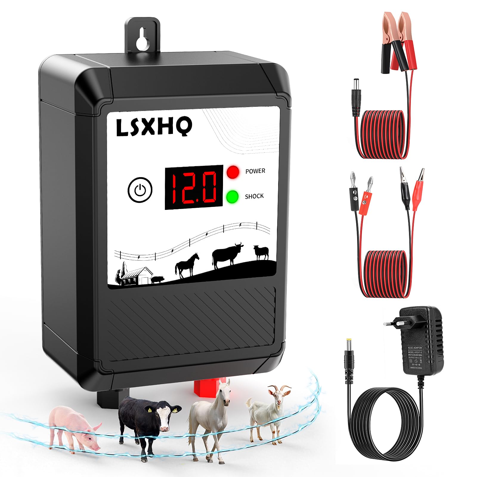 Recinzione Elettrica da 10 KM per Bestiame e Animali, 12 kV 2.0 J Corrente di Uscita per Recinzioni Elettriche avec Affichage LED, Protezione per Cavalli, Pecore, Cani, Giardino, Pascoli e Fattoria