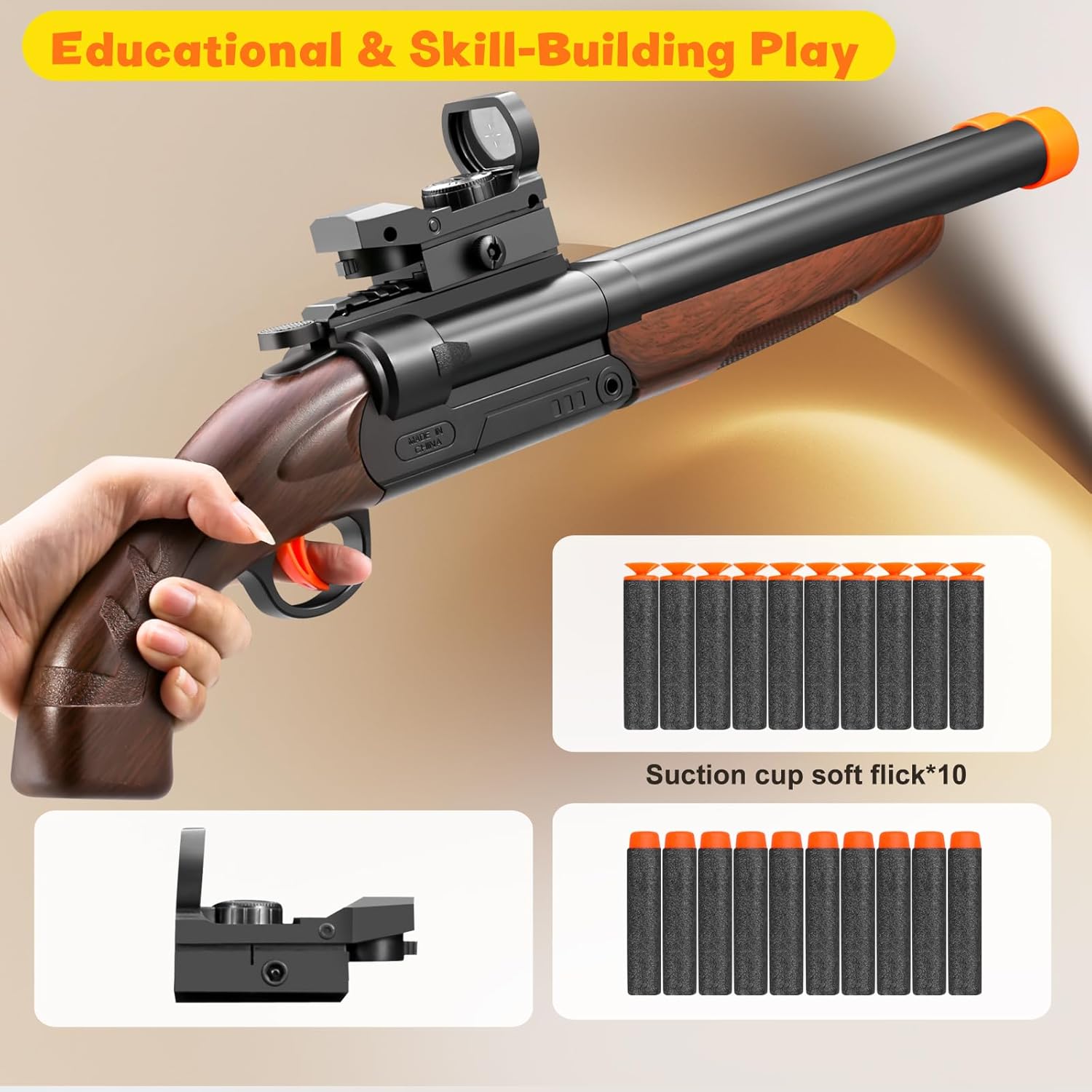 Double Barrel Toy Shotgun with Soft Bullets - Realistic Foam Blaster Gun for Kids, Sniper Rifle with Scope & Safe Rubber Bullets - Boys Outdoor Toys for Ages 6-12 (Brown)