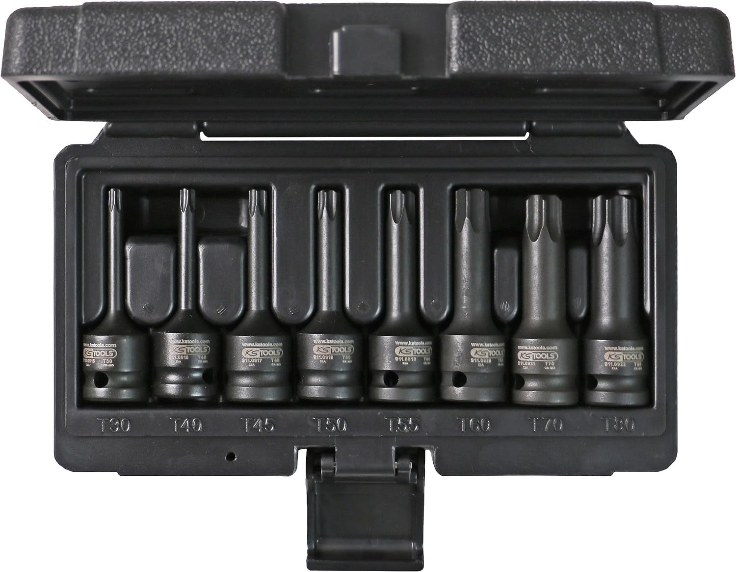 KS Tools 911.0901 Juego de llaves de vaso de impacto con punta 1/2" Torx, 8 pzs, T30-T80, largas
