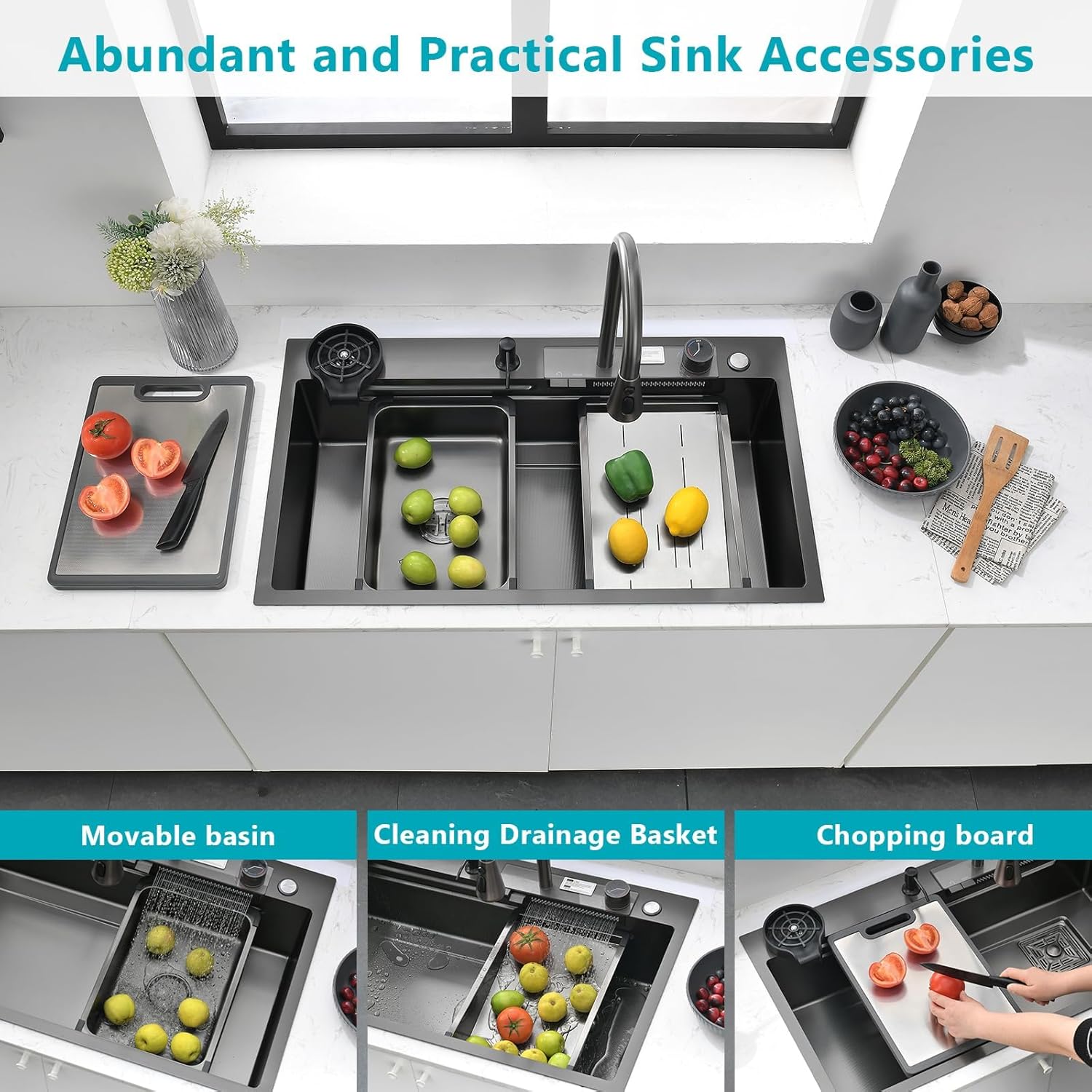 Waterfall Kitchen Sink 30" x 20" Drop-in Single Bowl Sinks, SUS304 Workstation Handmade Undermount Sink With Pull-out Faucet, Cup Washer & Accessories (Black, 30" x 20")
