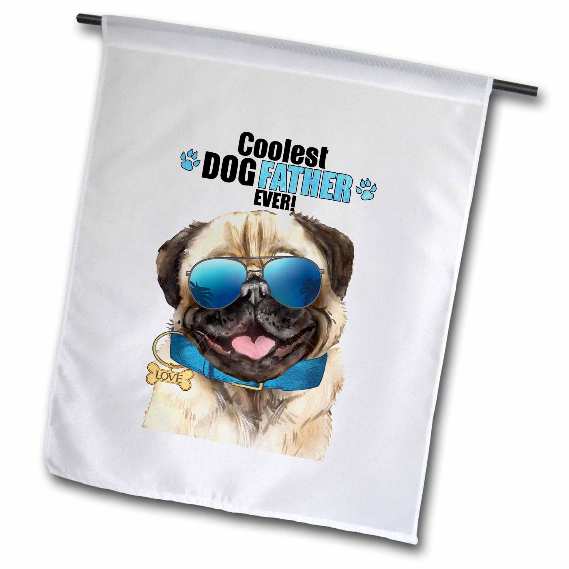3dRose Sweet Little Pug Dog in a Blue Love Collar and Sunglasses Fathers Day - Flags (fl-381614-2)