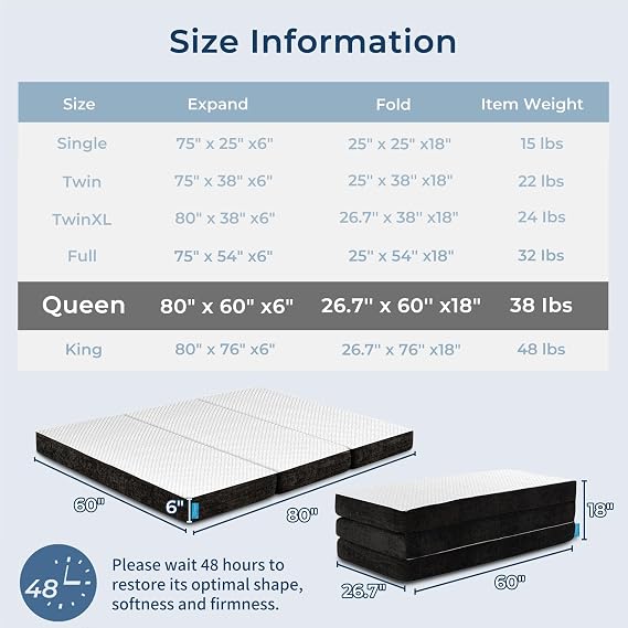 Odorless Foldable Mattress Medium Queen Size 80 x 60 x 6 | 6 Inch Folding Foam Mattress With Storage Bag, Fiberglass Free Trifold Memory Foam Mattress for Murphy Bed, RV, Guest Bed