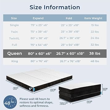 Odorless Foldable Mattress Medium Queen Size 80 x 60 x 6 | 6 Inch Folding Foam Mattress With Storage Bag, Fiberglass Free Trifold Memory Foam Mattress for Murphy Bed, RV, Guest Bed