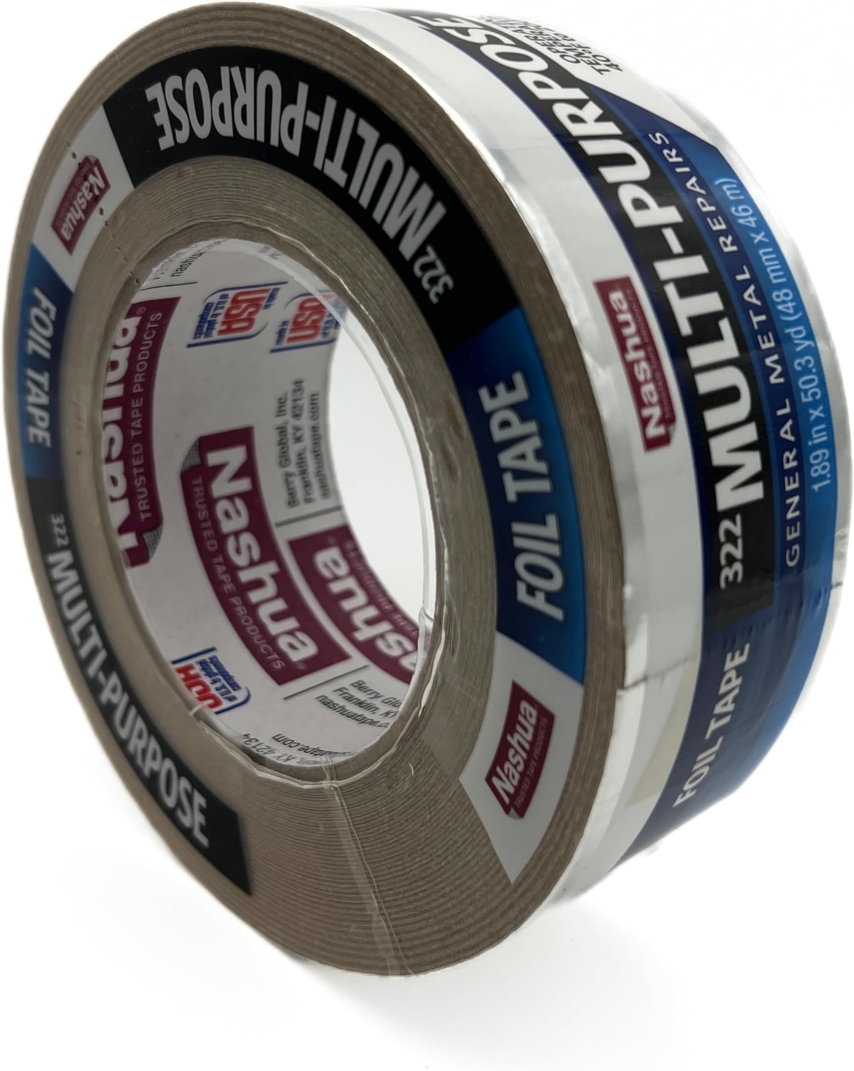 Nashua 322 Multi-Purpose Foil Tape, 3.2 mil Thick, 46 m Length, 48 mm Width, Aluminum