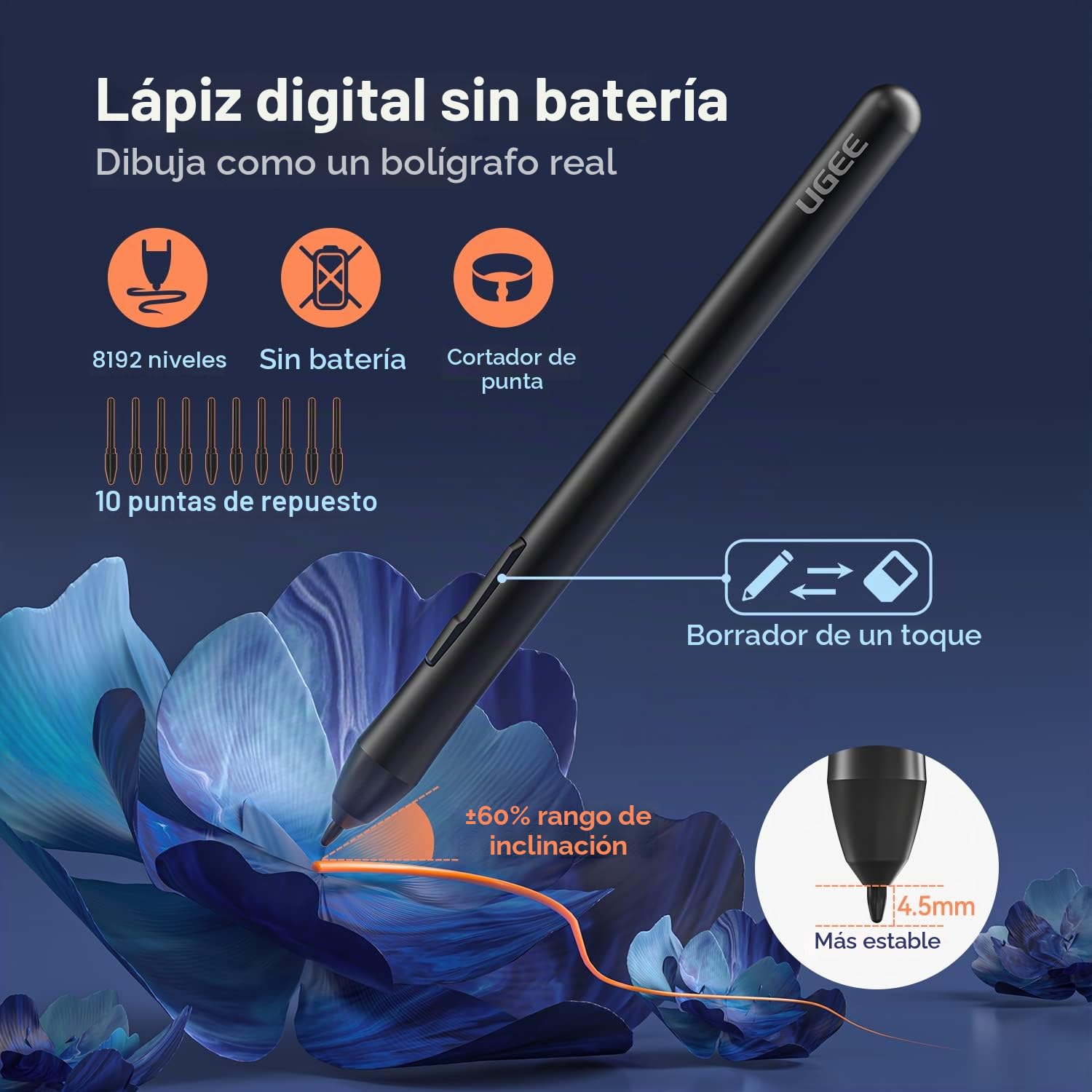 UGEE S640 Tableta gráfica de dibujo digital ultradelgada portátil con función de inclinación de lápiz óptico sin batería 8192 Sensibilidad a la presión Compatible con Windows/Mac/Linux/Android