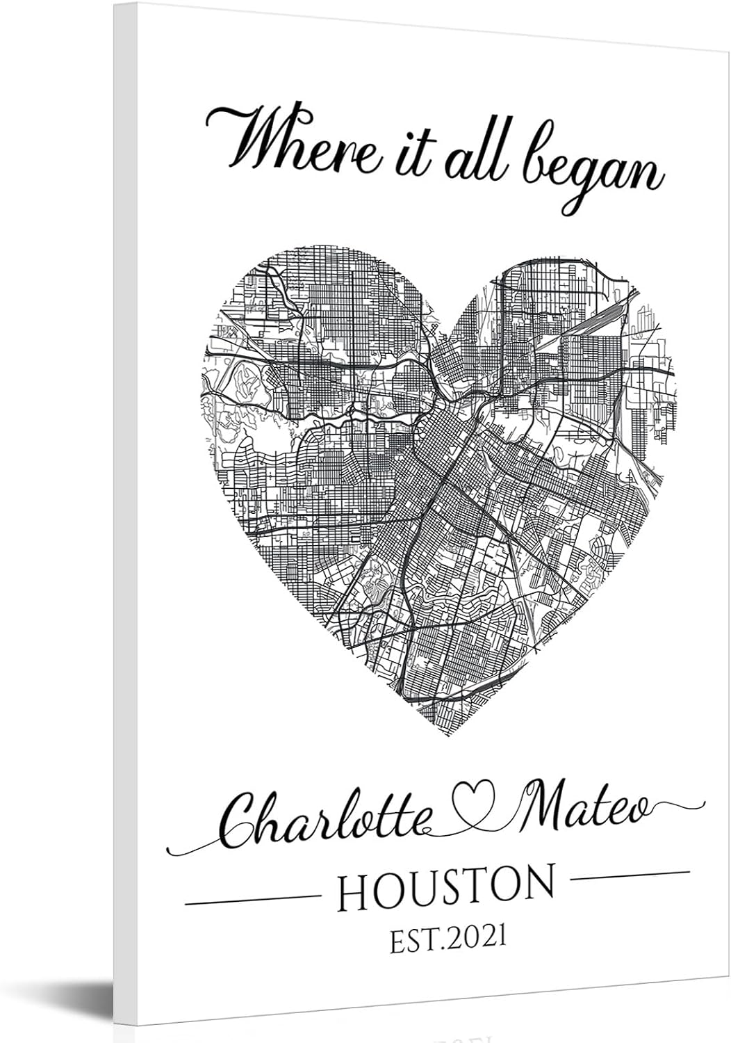 iLOOKLiKE Personalized Where It All Began Map Wall Art Where We Met Canvas Prints Custom Houston Heart Map with Couple's Names and Date Poster Framed Gift for Him Her Valentine'S Day Anniversary