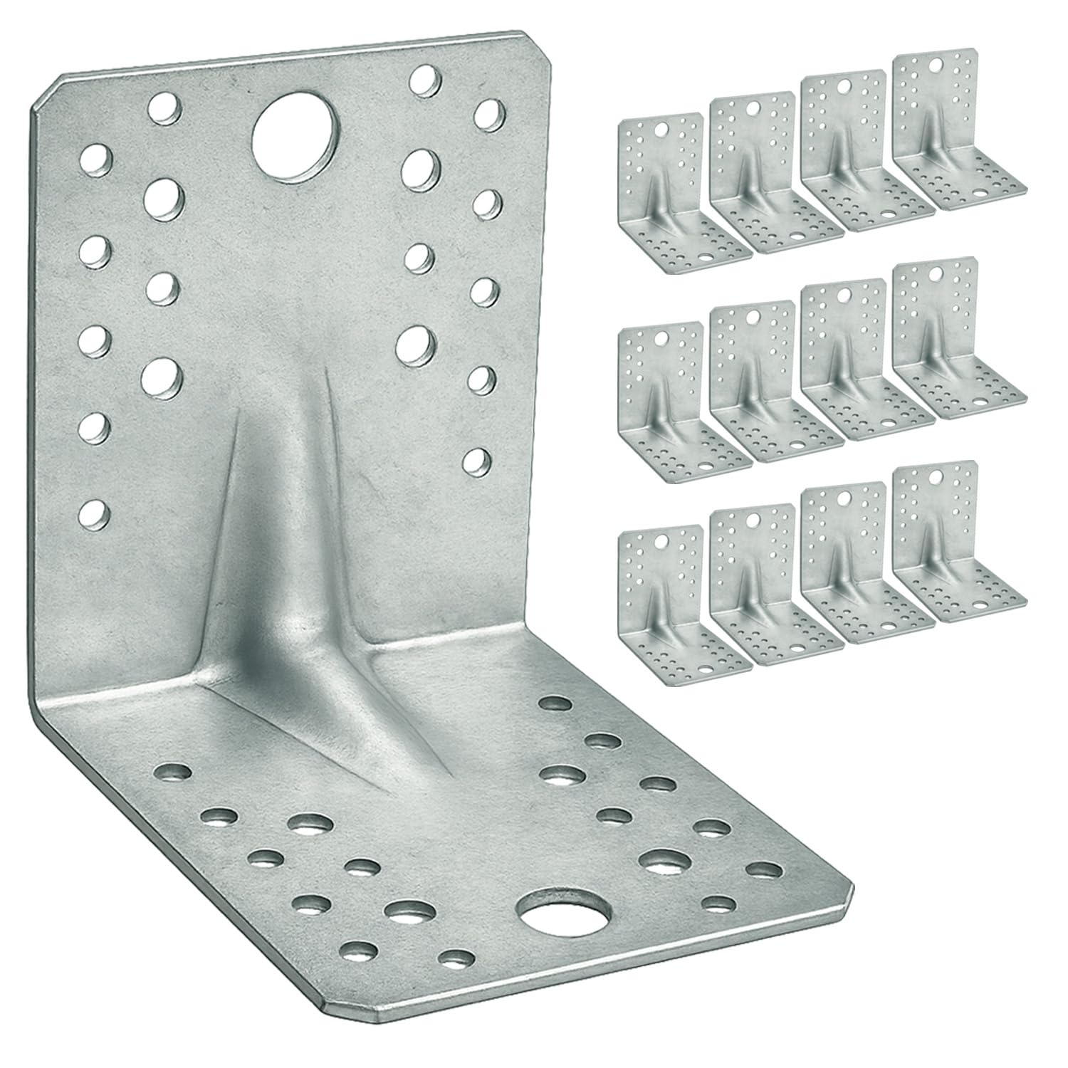 OMIDEAS 12 x Winkelverbinder mit Sicke (105 x 105 x 90 x 2.5) Lochwinkel Bauwinkel Holzverbinder Schwerlast Verbinder Winkel, Silber Verzinkt