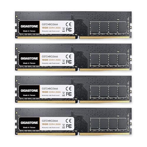 【DDR4 RAM】GIGASTONE 64GB Kit (4x16GB) DDR4 2666MHz (2400MHz or 2133MHz) PC4-21300 (PC4-19200/17000) CL19 1.2V UDIMM 288 Pin Unbuffered Non ECC High Performance PC Desktop Memory Upgrade