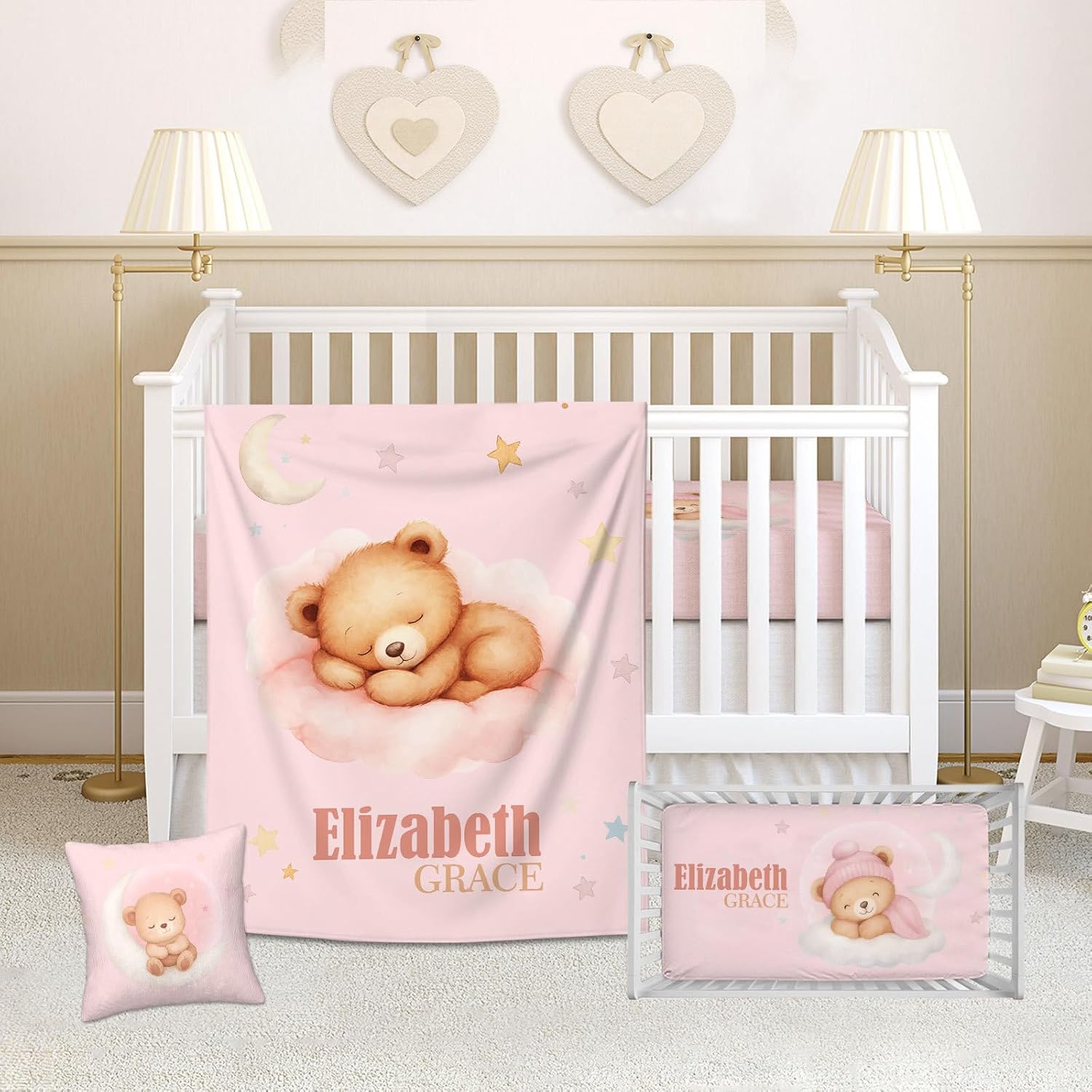 Personalized Baby Crib Bedding Set for Boys, Custom Name 3 Piece Sleeping Bear Nursery Bedding with Flannel Blanket, Fitted Crib Sheet & Pillowcase, Newborn Baby Gift
