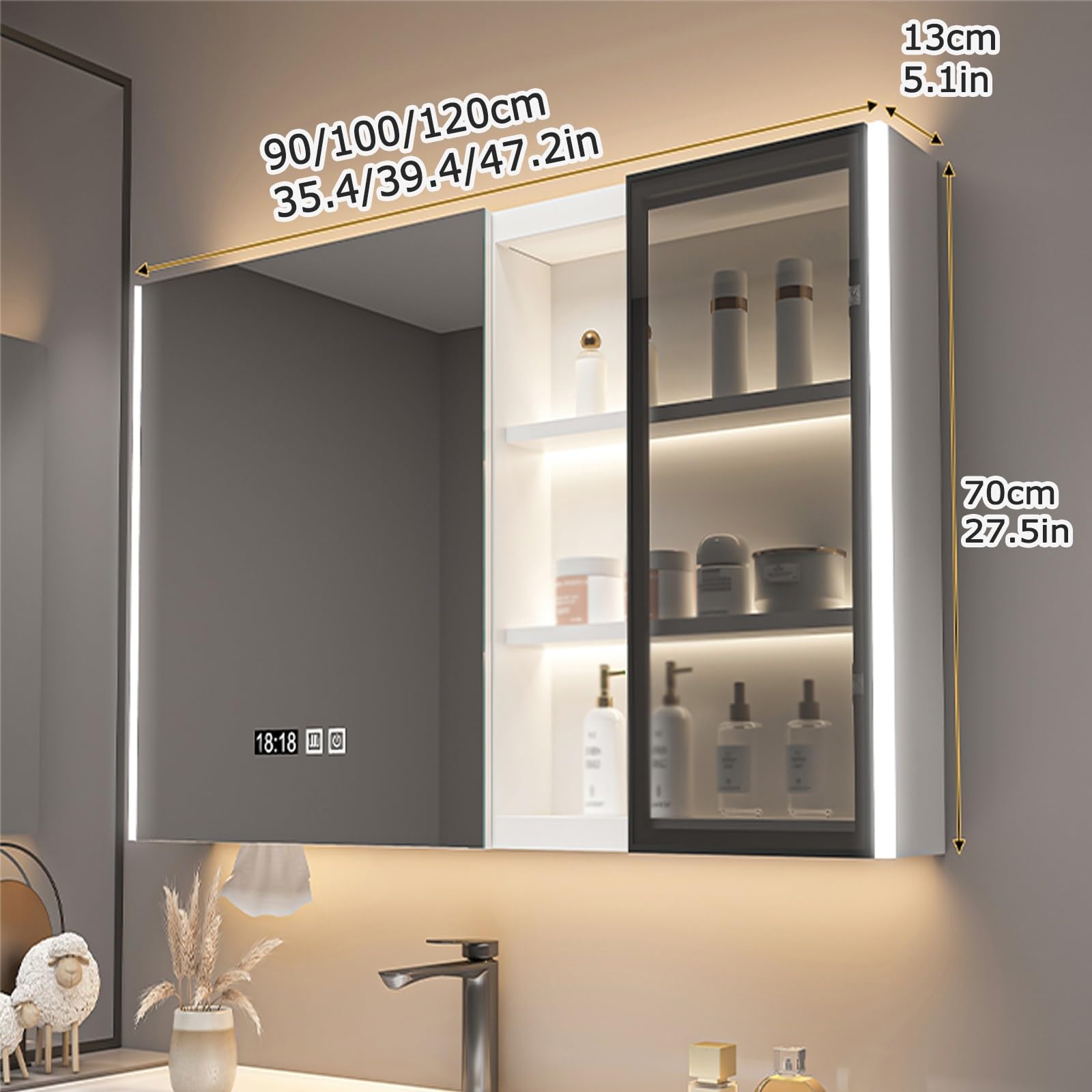Moderno armario LED con espejo de baño con función inteligente antivaho, montado en la pared, madera maciza de alta resolución, color blanco, 120 x 70 cm
