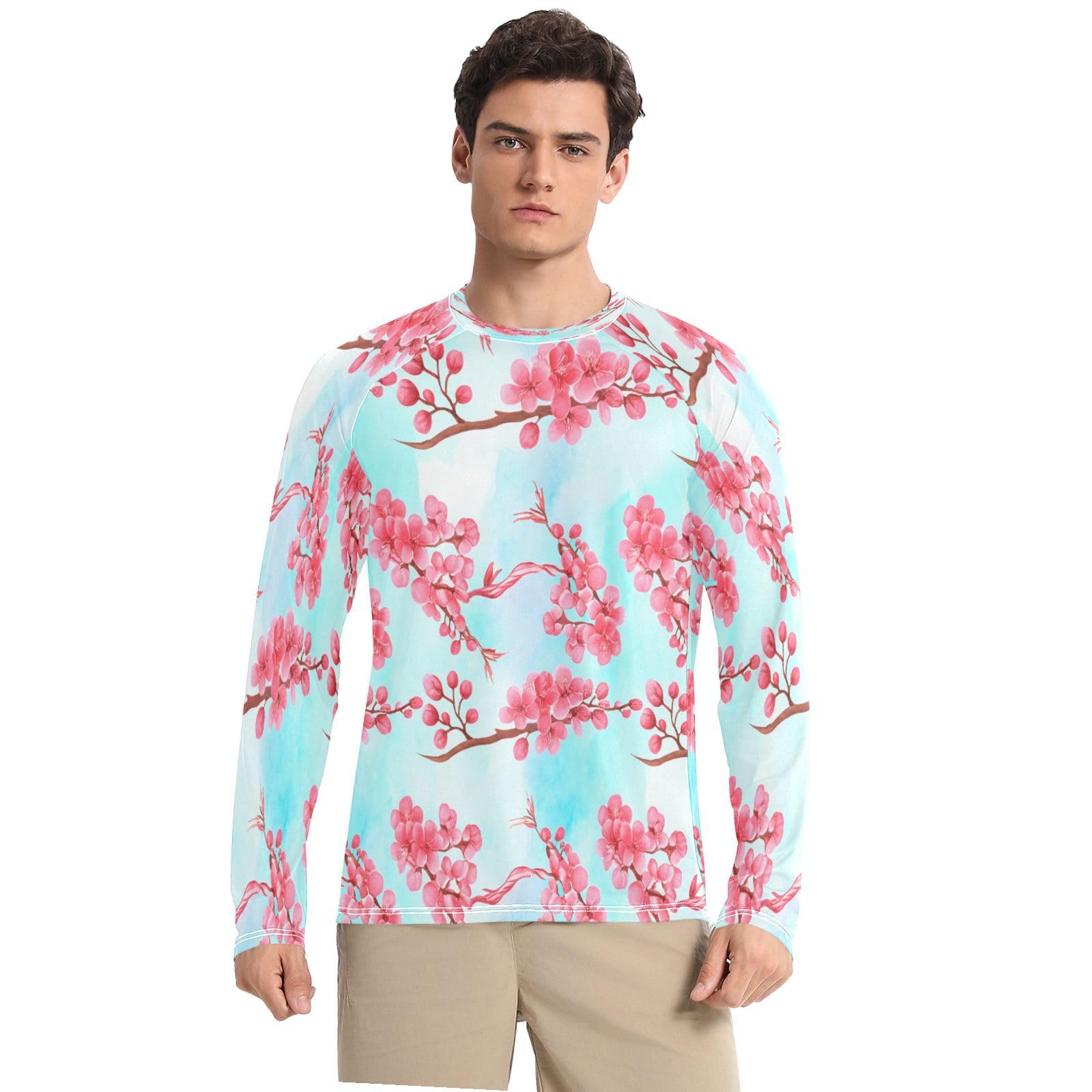 Cherry Blossom Branches Men's Sun Protection Shirts UPF 50+ Long Sleeve UV Rash Guard Quick Dry Swim Shirts-image-43
