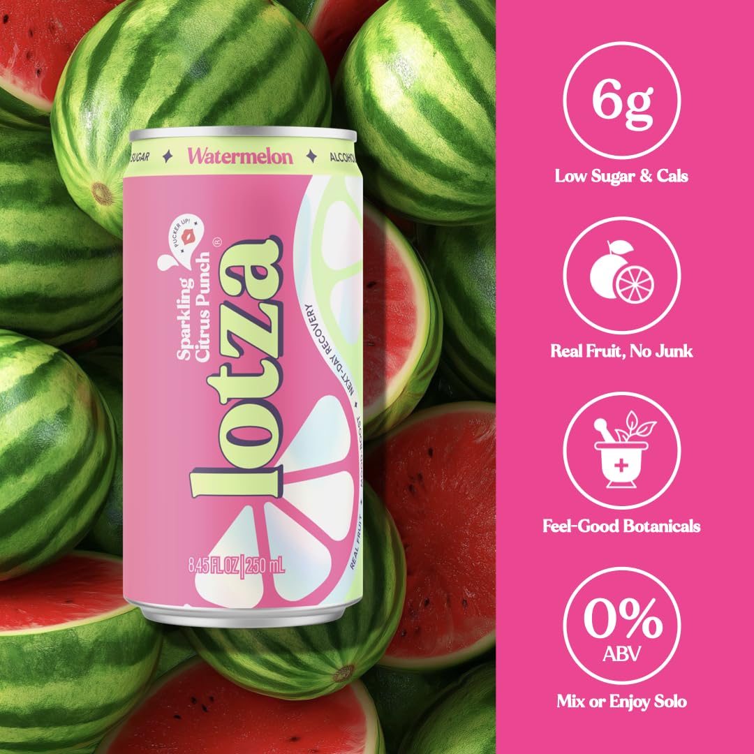 Lotza Sparkling Non-Alcoholic Adaptogen Drink with Electrolytes | Non-Alcoholic Mocktail & Drink Mixer| Antioxidants & Real Fruit (Pack of 12) Watermelon