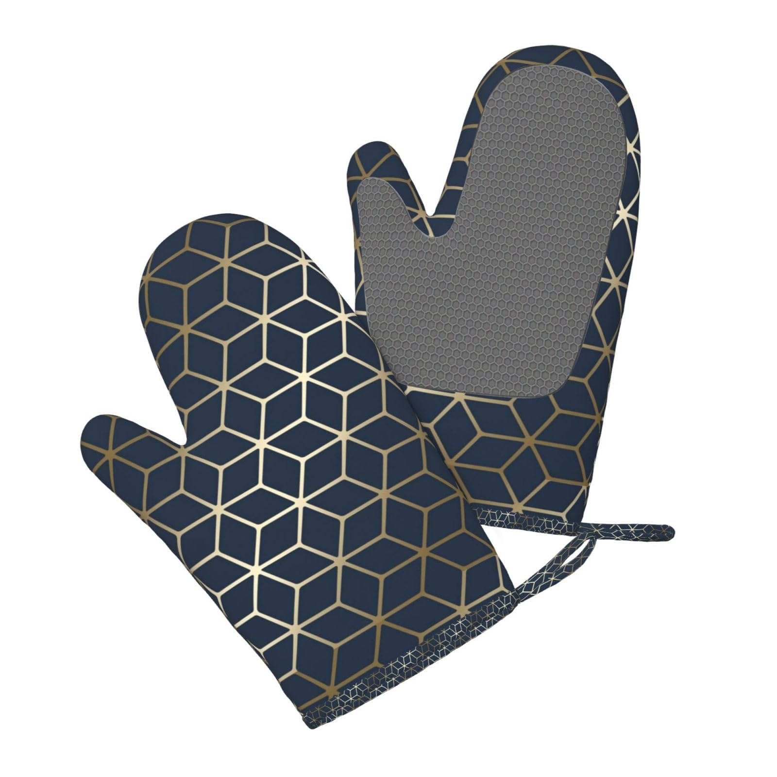 Juego de Cuatro Piezas de Guantes y Manoplas Resistentes al Calor para Hornear, Guantes de Cocina Antideslizantes, Manoplas para Horno de Cocina, Azul Marino y Dorado.
