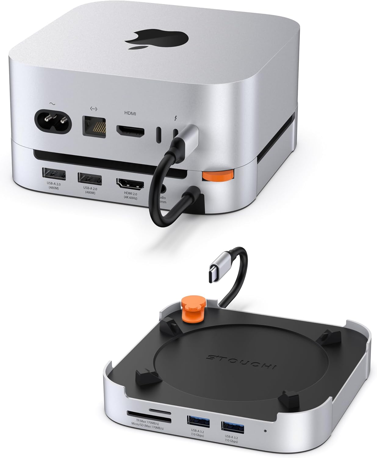 Stouchi Mac mini M4 Dock Stand with 8TB NVMe SATA SSD Enclosure, 2* USB A 10Gbps, 4K@60Hz HDMI, SD/TF Slot, 2* USB A Data Port, Audio 3.5mm, Easy Power Button & Stable Wi-Fi for Mac mini M4/Pro 2024