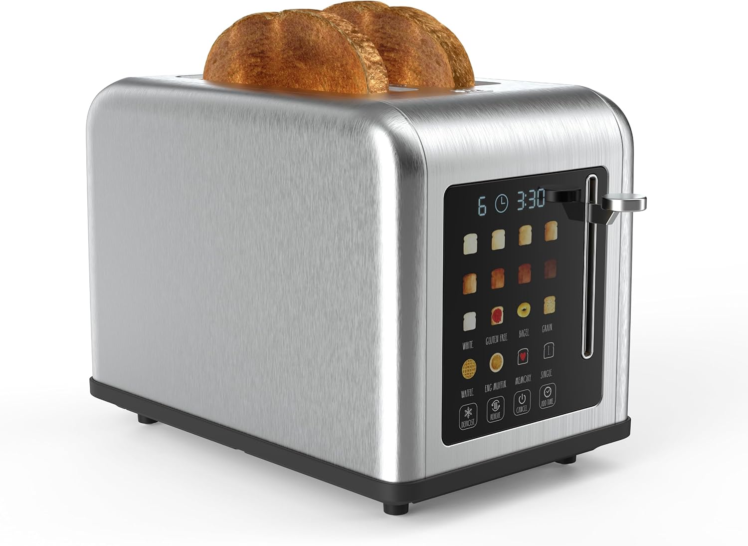 Rae Dunn 2 Slice Smart Toaster, Digital Display, Wide Slots, 8 Browning Levels, 6 Bread Types, 4 Functions (Defrost, Reheat, Cancel, Add Time), 825W Digital Stainless Steel Rae Dunn 2 Slice Smart Toaster, Digital Display, Wide Slots, 8 Browning Levels, 6 Bread Types, 4 Functions (Defrost, Reheat, Cancel, Add Time), 825W Digital Stainless Steel