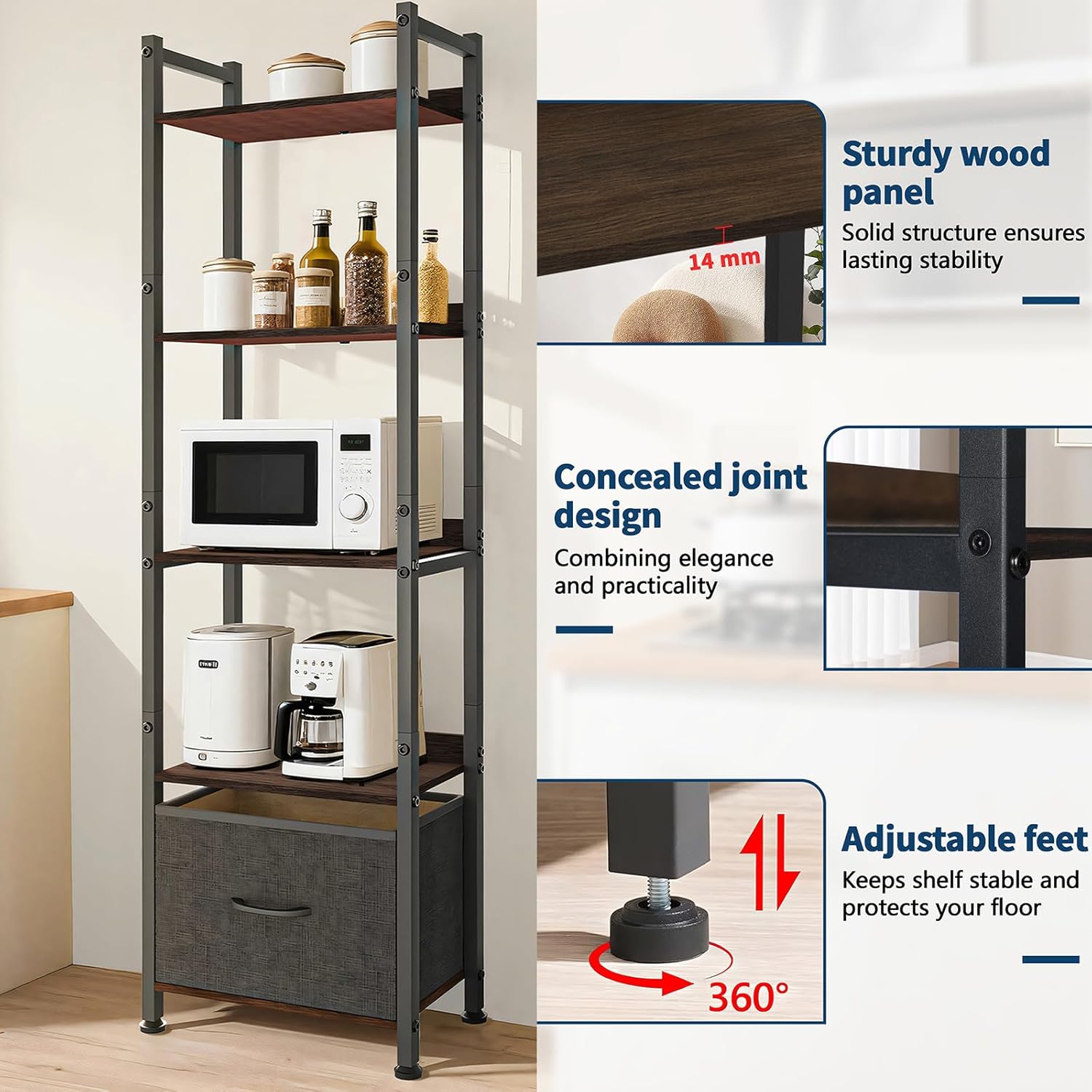 Whitmor 5-Tier Bookshelf with Drawer, Modern Display Bookcase with Wood Shelves & Metal Frame, Narrow Standing Storage Organizer for Living Room, Bedroom, Home Office, Black